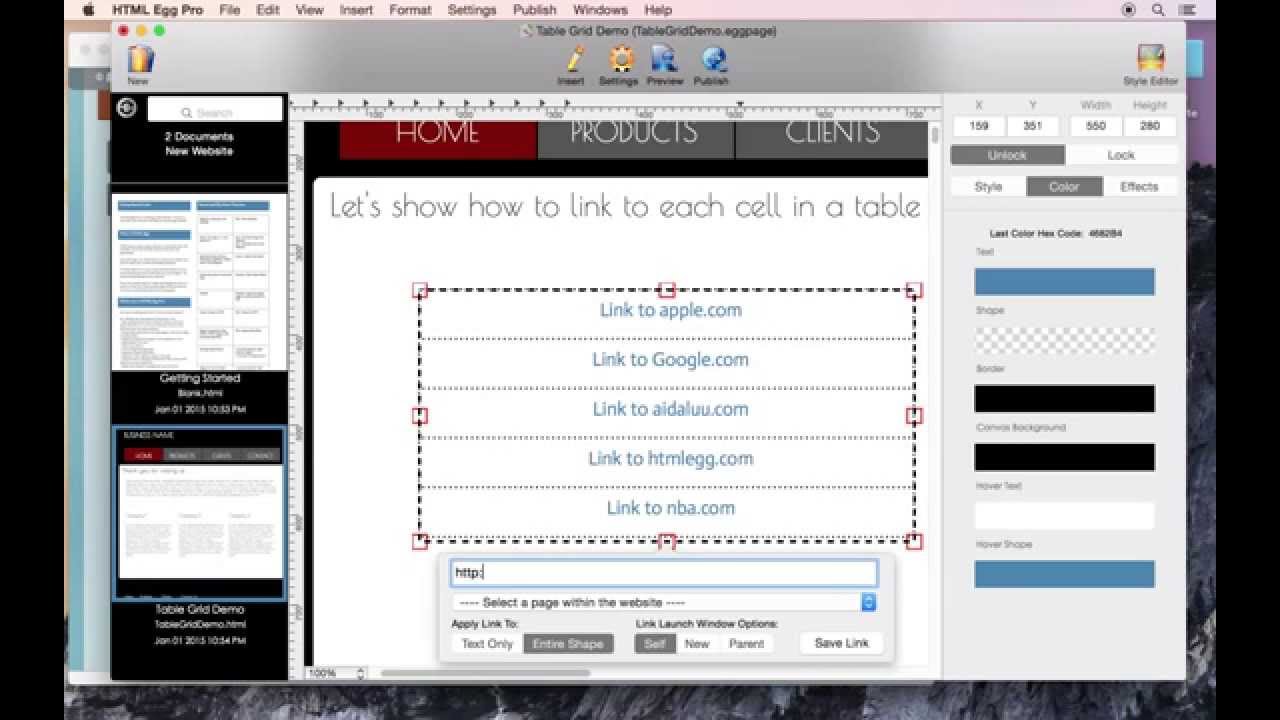 How to link to each cell in a table grid using HTML Egg Pro for Mac