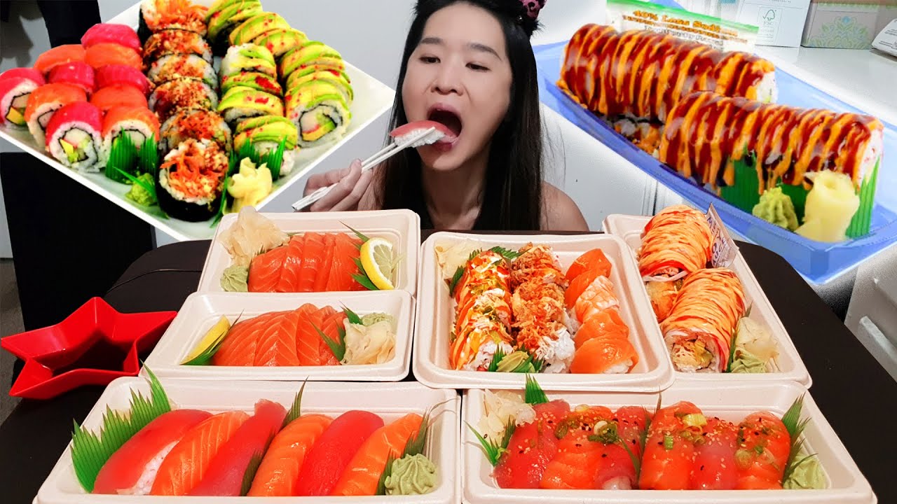 Огромный суши-мукбанг! Сашими из лосося, роллы «Калифорния», роллы «Тигр» и нигири с тунцом — мор...
