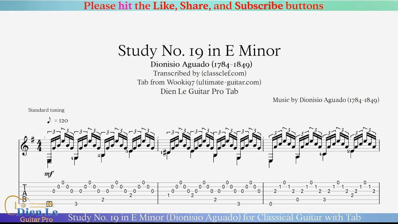 Study No. 19 in E Minor (Dionisio Aguado) for Classical Guitar with Tab ...