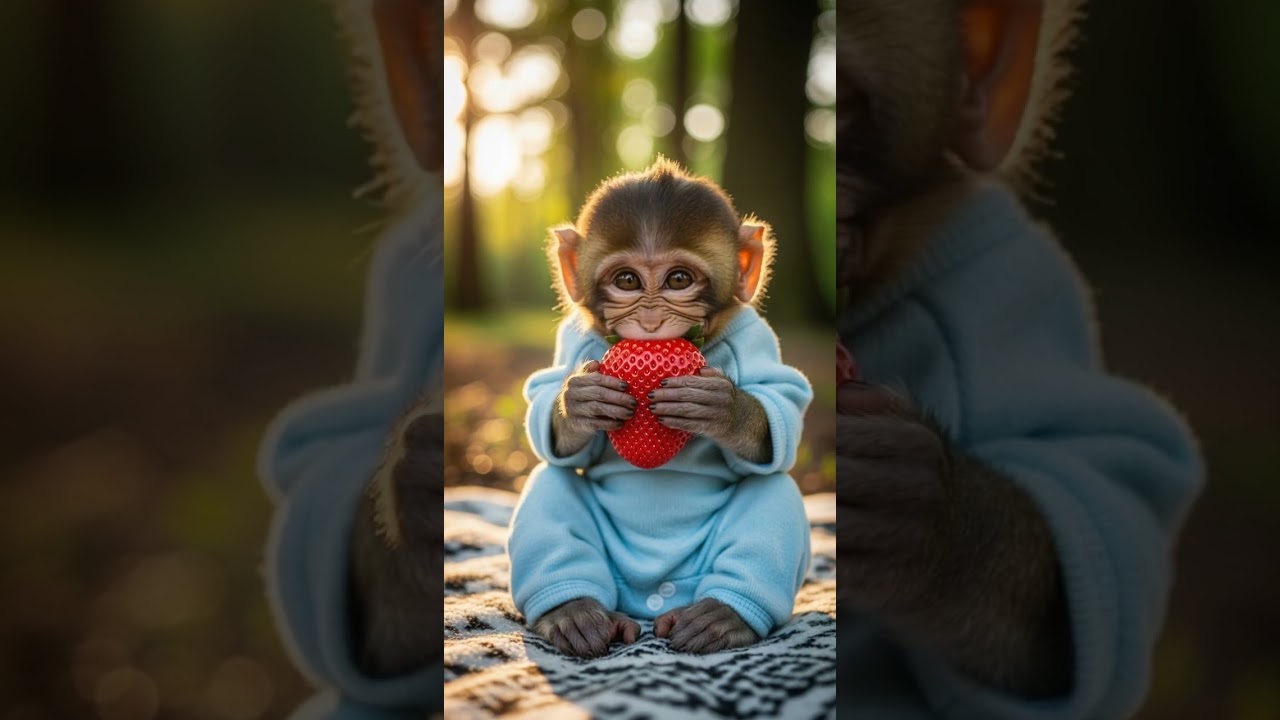Cute Baby Monkey Eating Strawberry | Adorable Snack Time Fun 