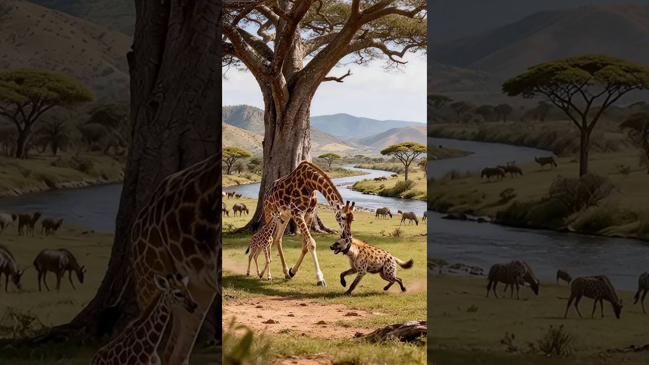 How giraffe🦒💪🏻punishes hyena bullying its calf?Giraffe kaise hyena ko saza deta jab bachcha tang?