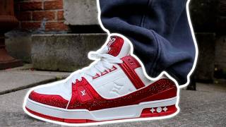 CANDY RED CRYSTALS! Louis Vuitton LV Trainer Red White Sneaker (ON FOOT)