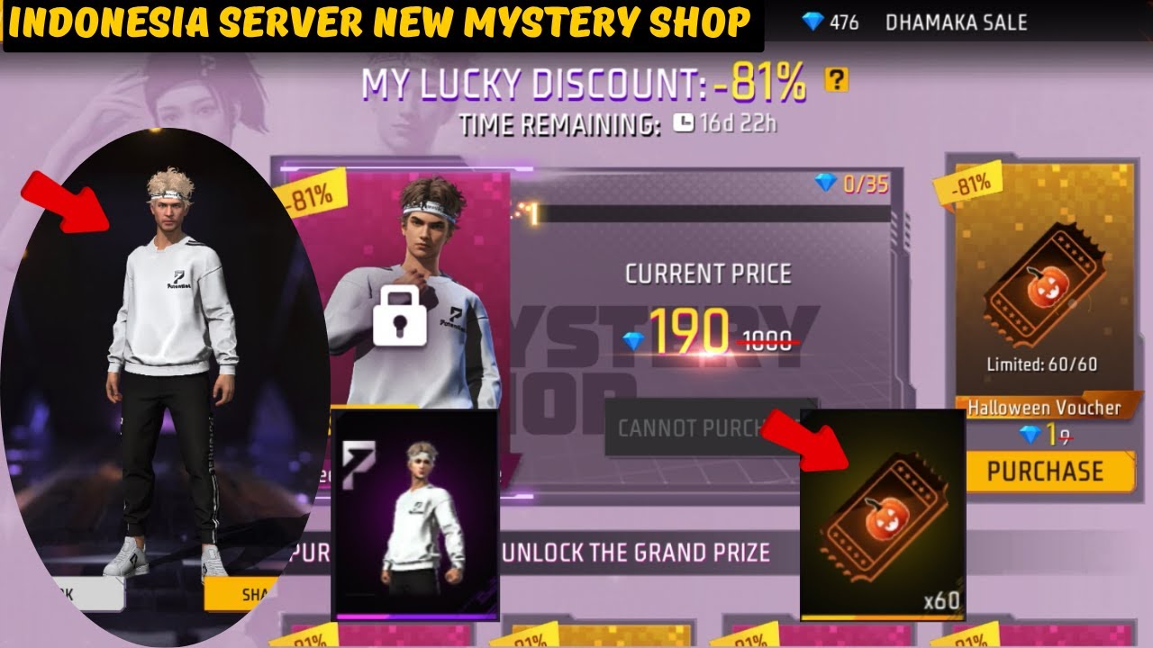 Indonesia server new mystery shop dhamaka sale purchasing rewards || ff indonesia server new event 