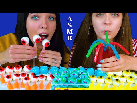 ASMR NIK-L-NIP WAX BOTTLES, GUMMY EYES, BLUE PLANET GUMMY, NERDS ROPE EATING MUKBANG