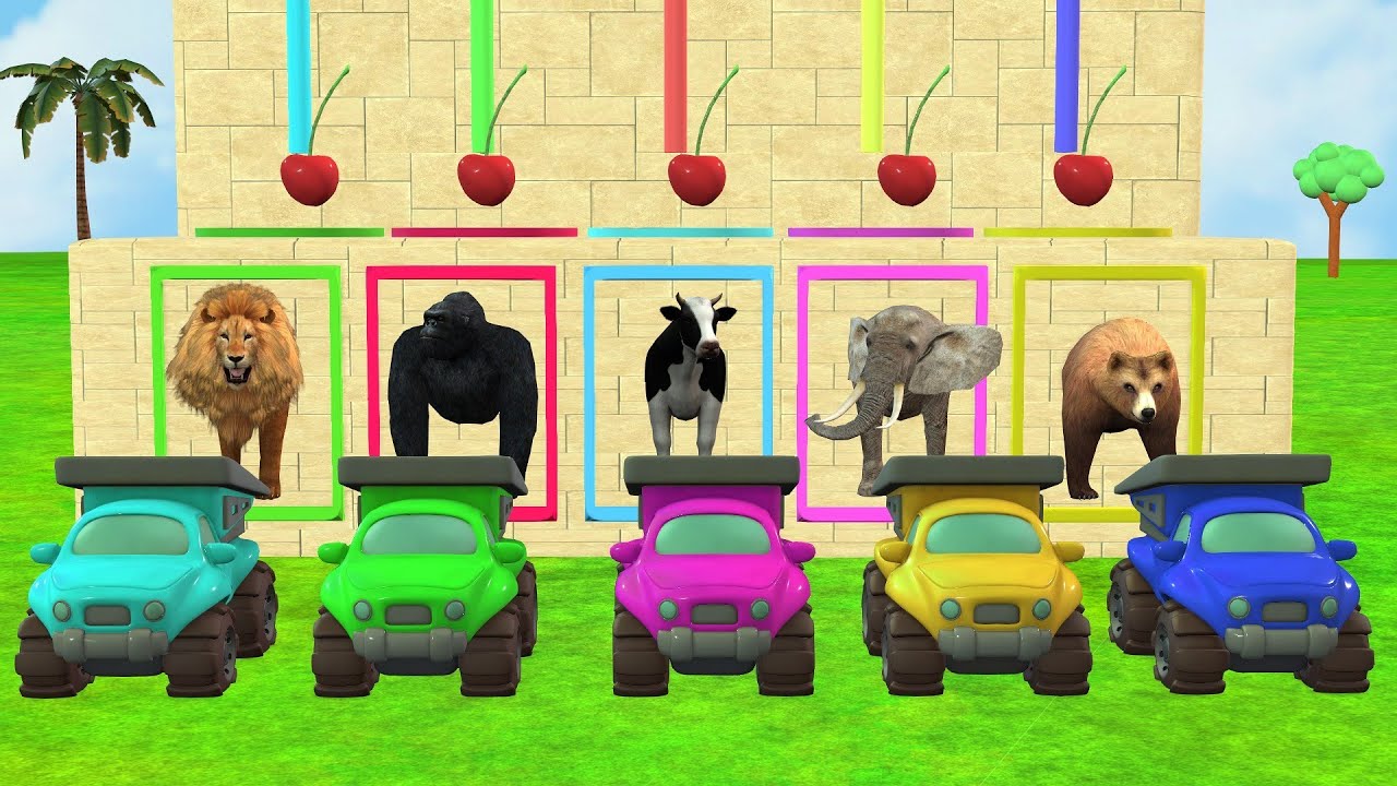 Paint Animals Elephant Cow Cartoon - Car jump with fountain cow Gorilla Lion animal fountain 3