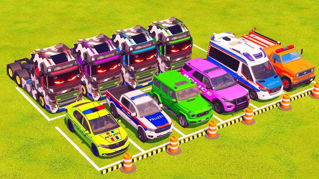 VUS GAME - TRANSPORTING POLICE CARS, FIRE DEPARTMENT, AMBULANCE VEHICLES WITH TRUCKS - FS22 