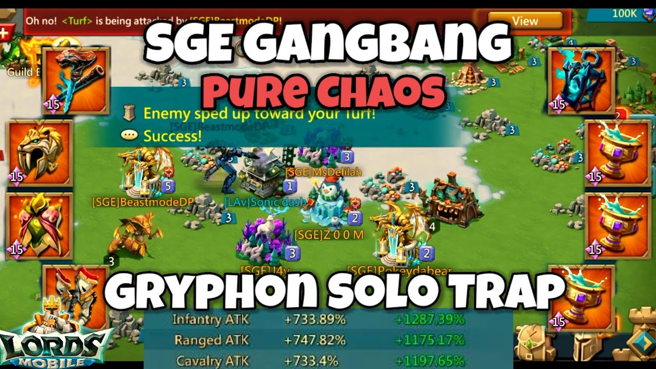Lords Mobile - SGE Gangbang Pure Chaos Vs My 5m Gryphon Solo Trap Survive ?