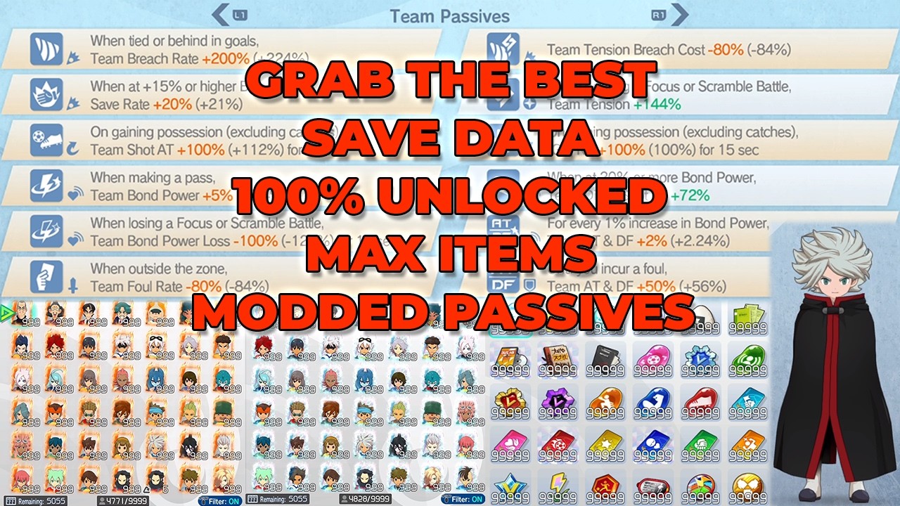 Inazuma Eleven Victory Road Modded Team Passives All Unlocked & Max Items Cheat Save Modding