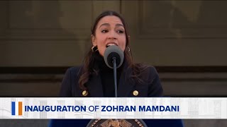 Alexandria Ocasio-Cortez delivers opening remarks at Mamdani's inauguration