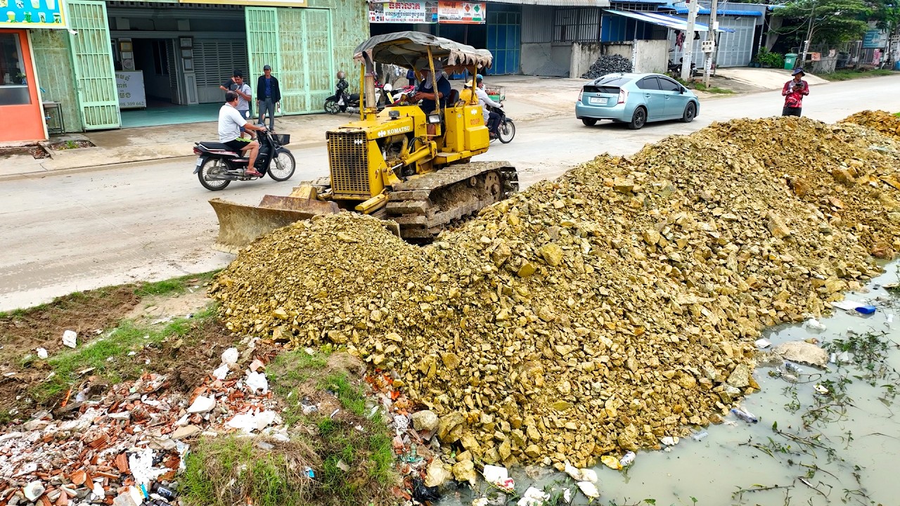 Start Opening Amazing Project! Delete Flooded Garbage Pond By Skill Dozer Pushing Stone Into Water