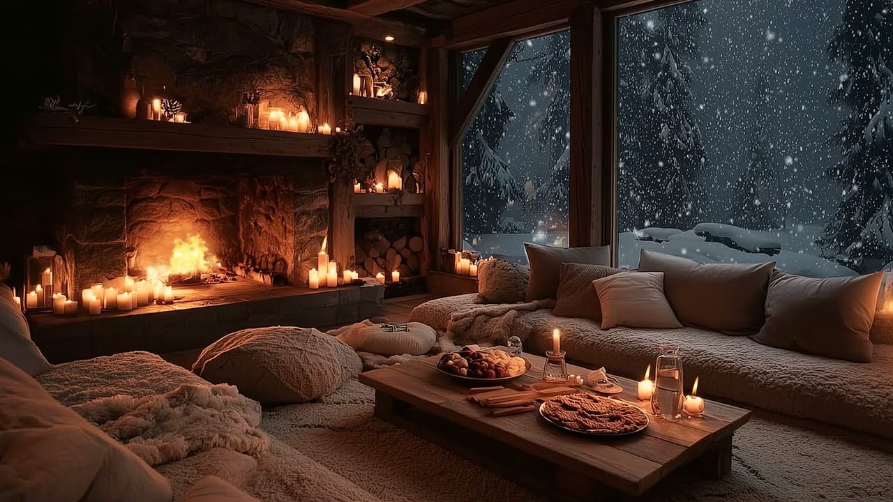 Fireplace & Piano Music  Peaceful Winter Night Ambience for Stress Relief & Deep Sleep