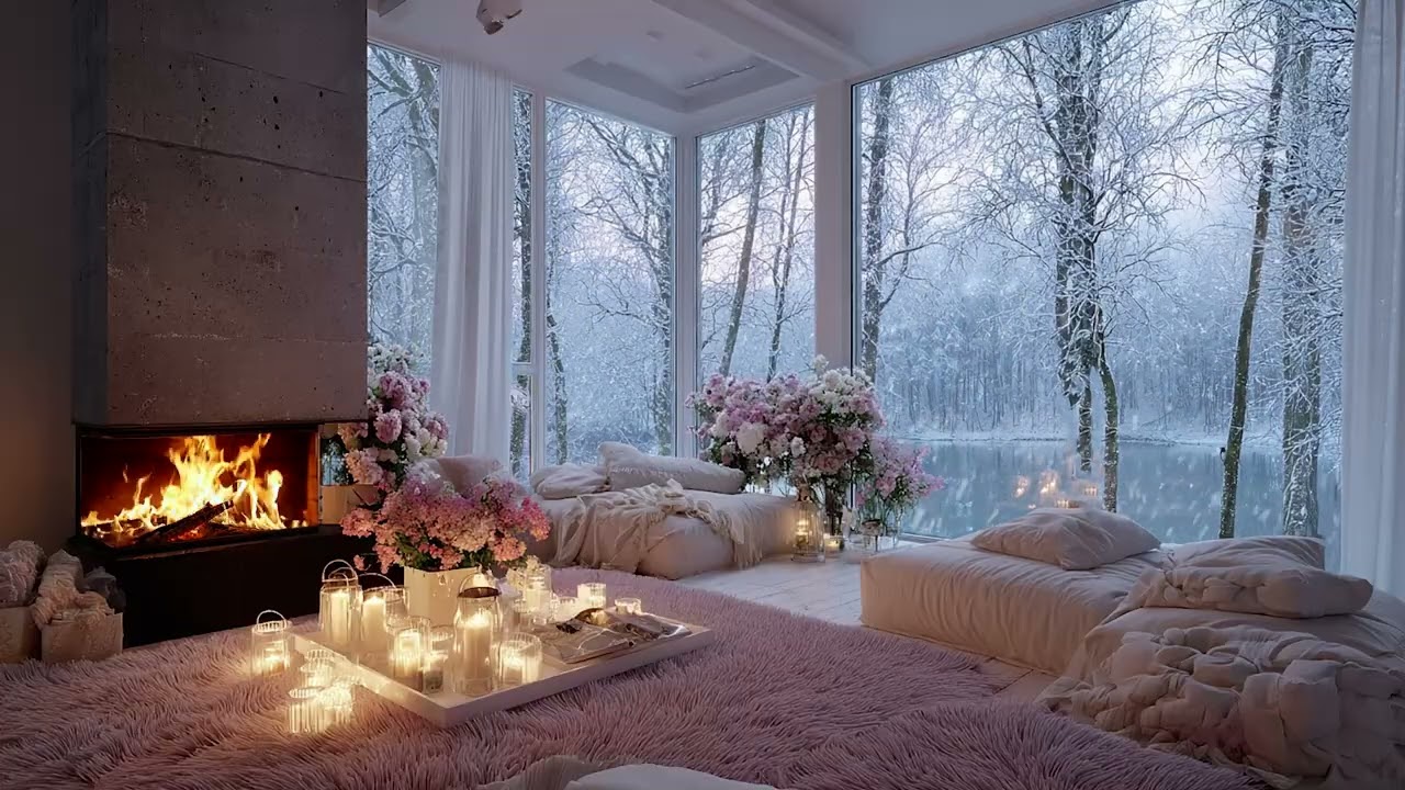 Snow Wind and Crackling Fireplace Sounds for Deep Sleep, Stress Relief and Cozy Night Ambience