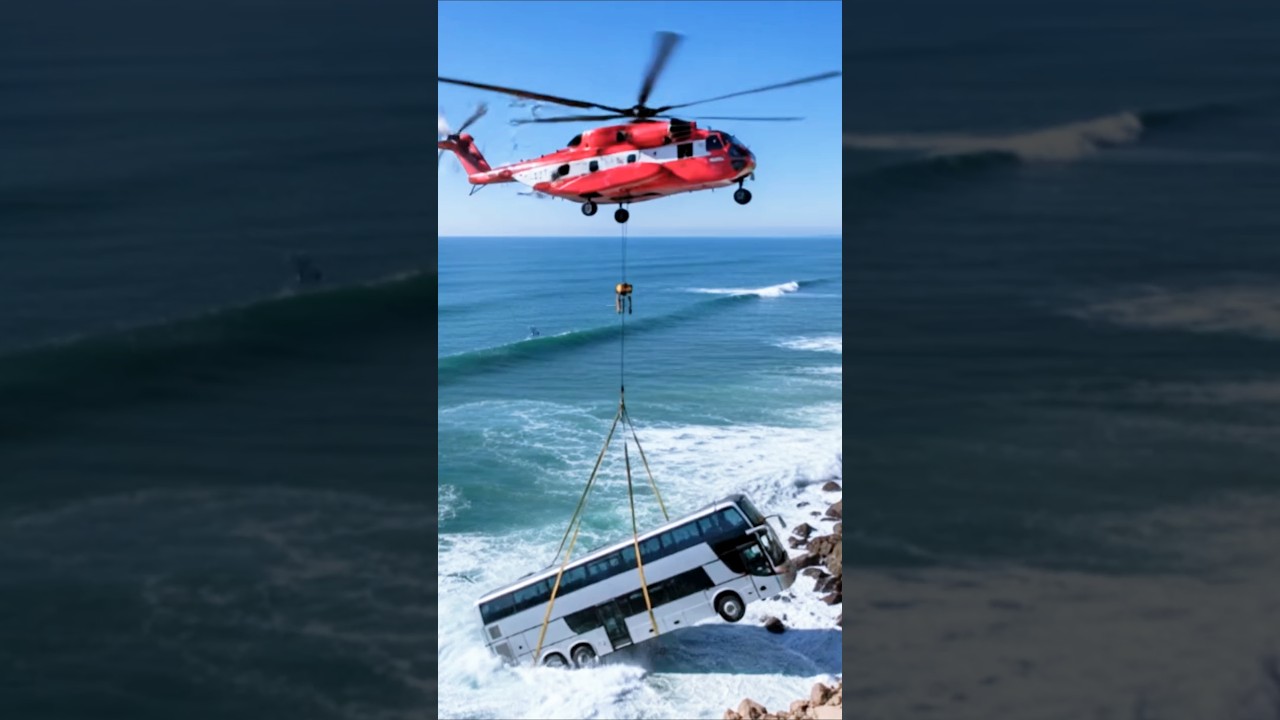 Incredible Rescue! Red CH-53 Helicopter Lifts Bus Hanging Off Ocean Cliff 🚁😱🌊