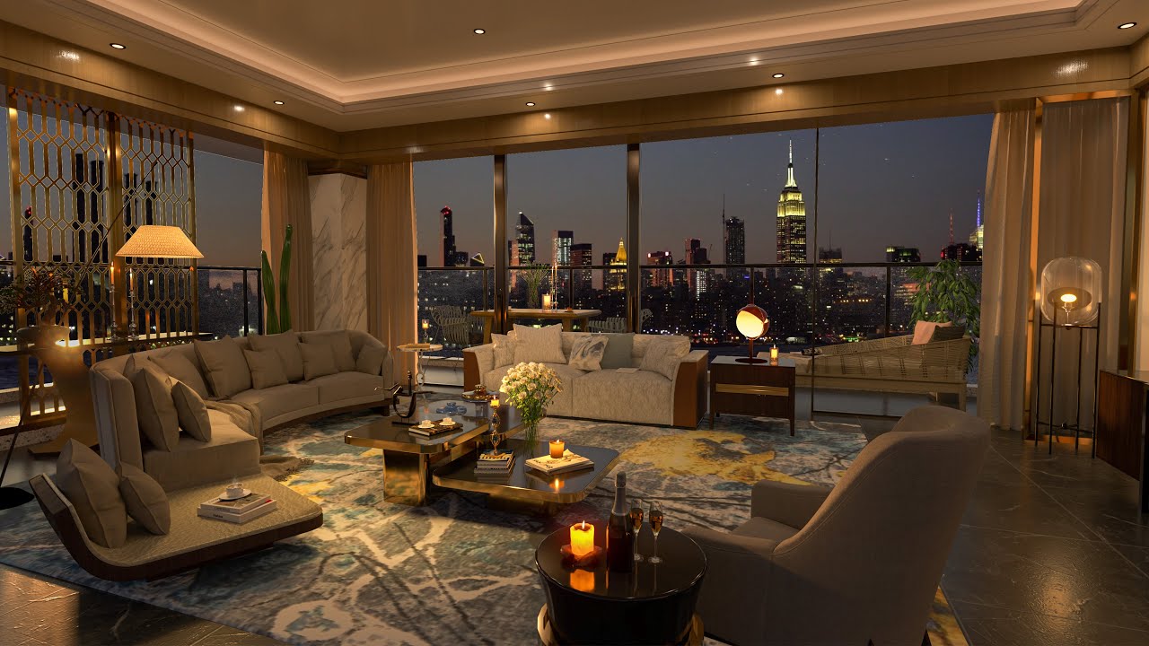 Cozy luxury apartments ambience rain on window 4k relaxing