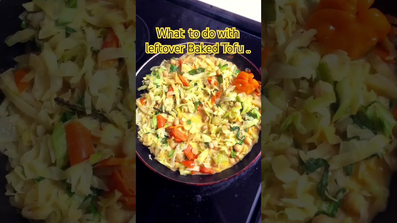 Making use of leftover baked tofu with a few veggies and some chickpeas 