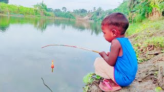 Little boy hunting big fish by rod ~ Traditional hook fishing in the river🥰🥰