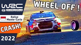 Rally Car on 3 Wheels! WRC Rally Crash rips a wheel off at WRC Rally Monte-Carlo 2022