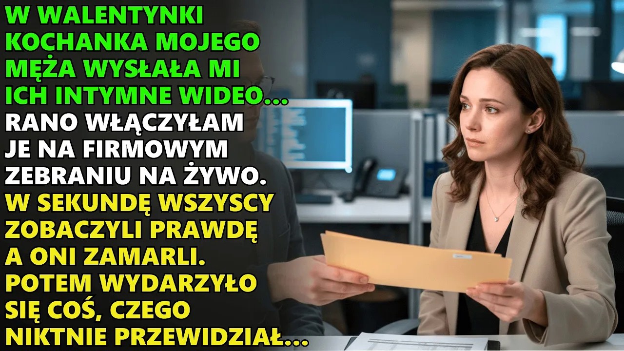 Wcisnęłam przycisk pilota, a zamiast serialu na ekranie telewizora pojawiło się nagranie z kamery przemysłowej. Korytarz biurowy, drzwi do mojego gabinetu, a potem ja sama w czerwonej sukience,...
