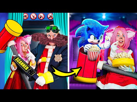 How to Sneak Sonic into The Cinema Past the villain Eggman! Sonic saves Amy Rose in Real Life!