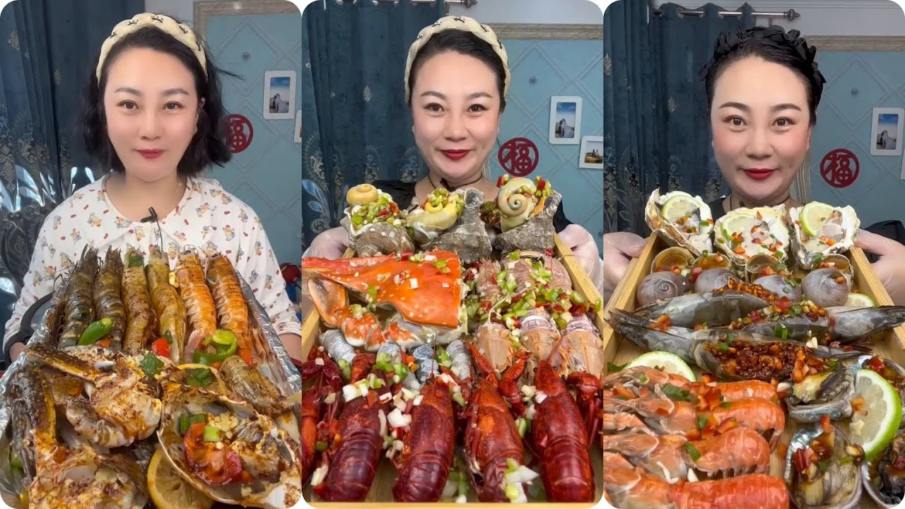 Chinese mukbang Seafood with Grilled shrimp, Boiled shrimp, Abalone, Sea snails, Prawns, Sea crabs