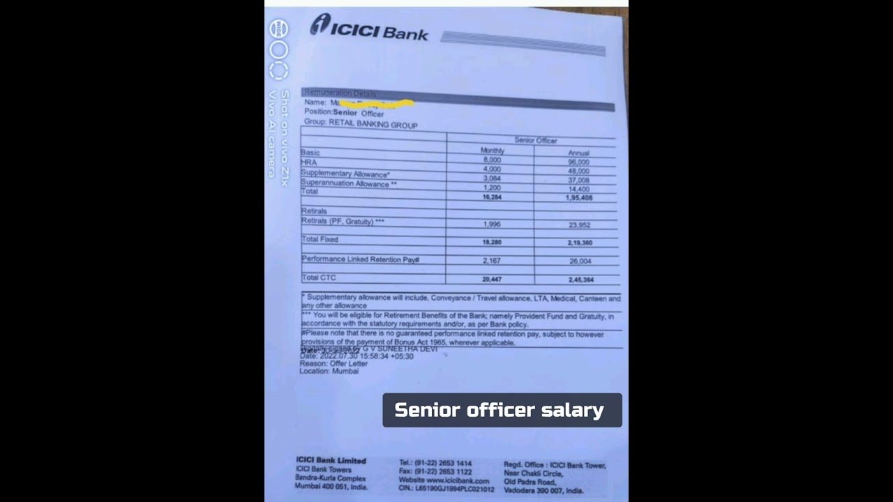 Senior Officer Salary Offer Letter Icici Bank 