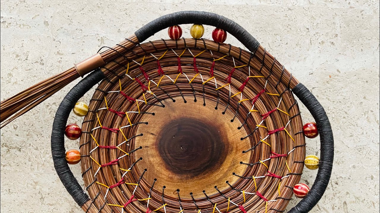 Adding beads to a pine needle basket Part 1 YouTube