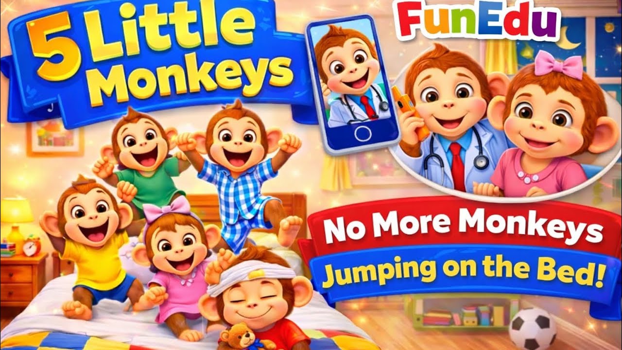Five Little Monkeys Jumping on the Bed 🐵🛏️ | Fun Nursery Rhyme for Kids ...