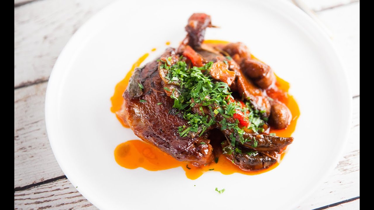 Slow Cooked Duck Legs with Mushrooms & Red Wine