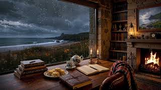 Stormy Coastal Library: Cosy Rain 📖, Scottish Folk Music & Crashing Waves | Dark Academia Ambience