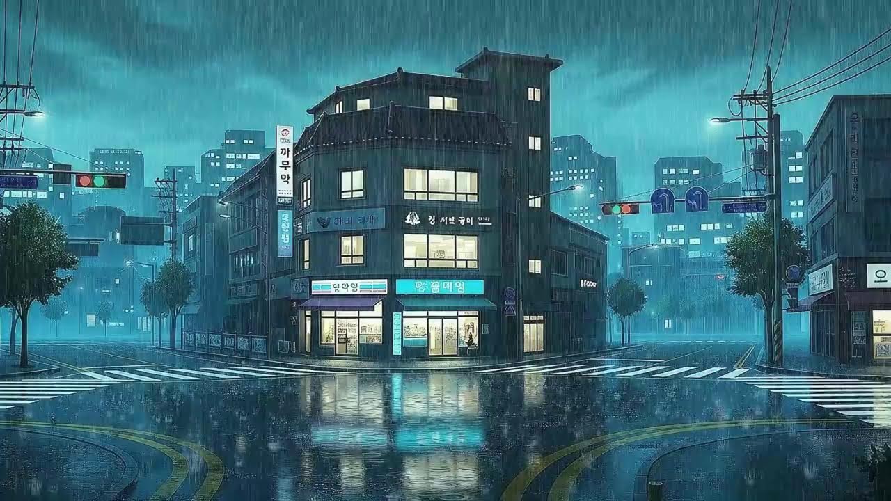 Rain Sounds and Lofi for Work in a Cozy Korean Night for Stress-Free Work 😌