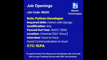 Python Job Openings|Join & Get Placements|Besant Technologies  #shorts #job #python #placement