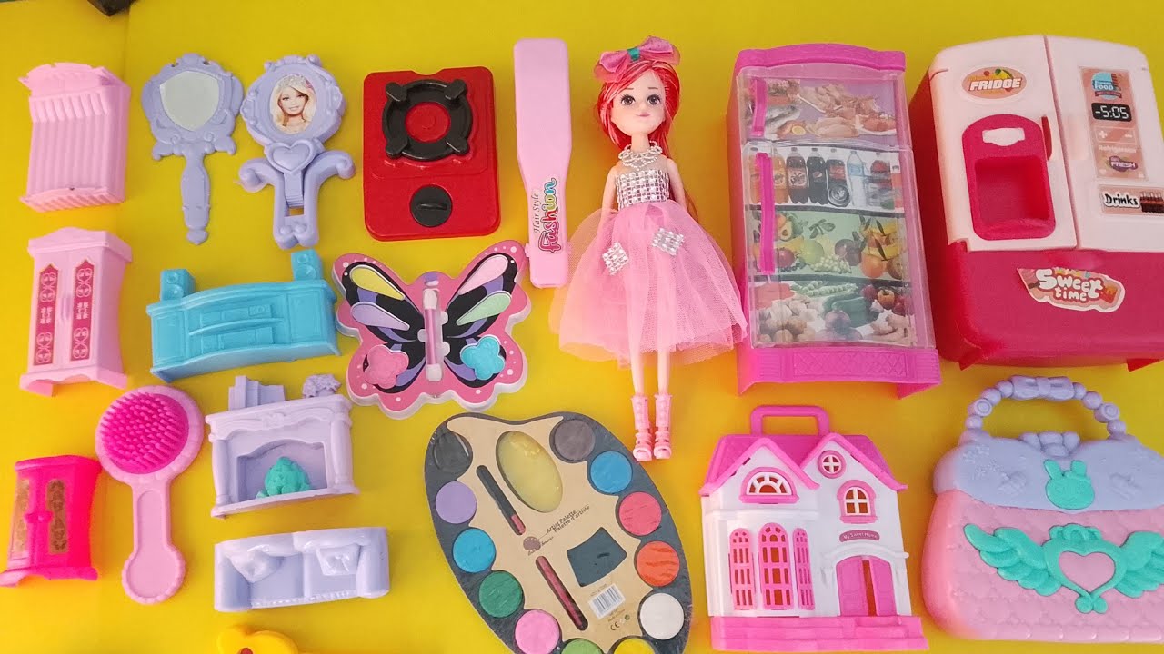 3:9  Minutes satisfying with unboxing hello kitty barbie doll mini Makeup set with kitchen set ASMR