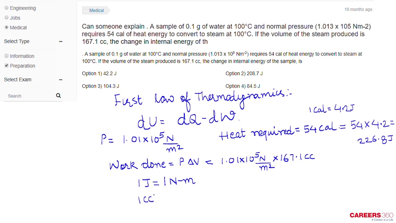 Bitsat Physics Question A Sample Of 0 1 G Of Water At 100 C And Normal Pressure Youtube