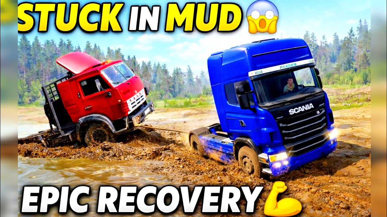 Truck Stuck in Deep Mud 😱 | Epic Recovery by Another Truck | mudrunner 