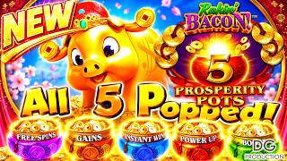‼️WORLD PREMIERE‼️NEW RAKIN' BACON 5 PROSPERITY POTS SLOT MACHINE LAS VEGAS CASINO BIG WIN OMG WOW screenshot 2