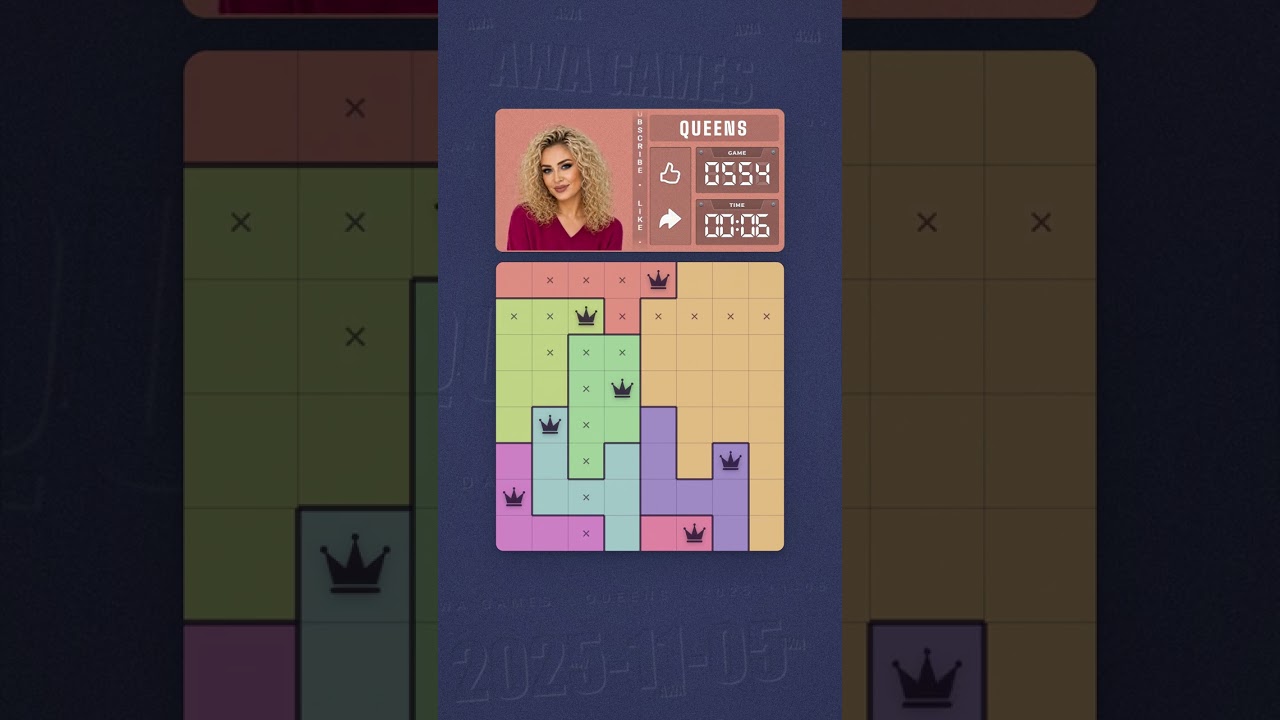 LinkedIn Queens #554 solved board for November 5, 2025, 8x8 grid