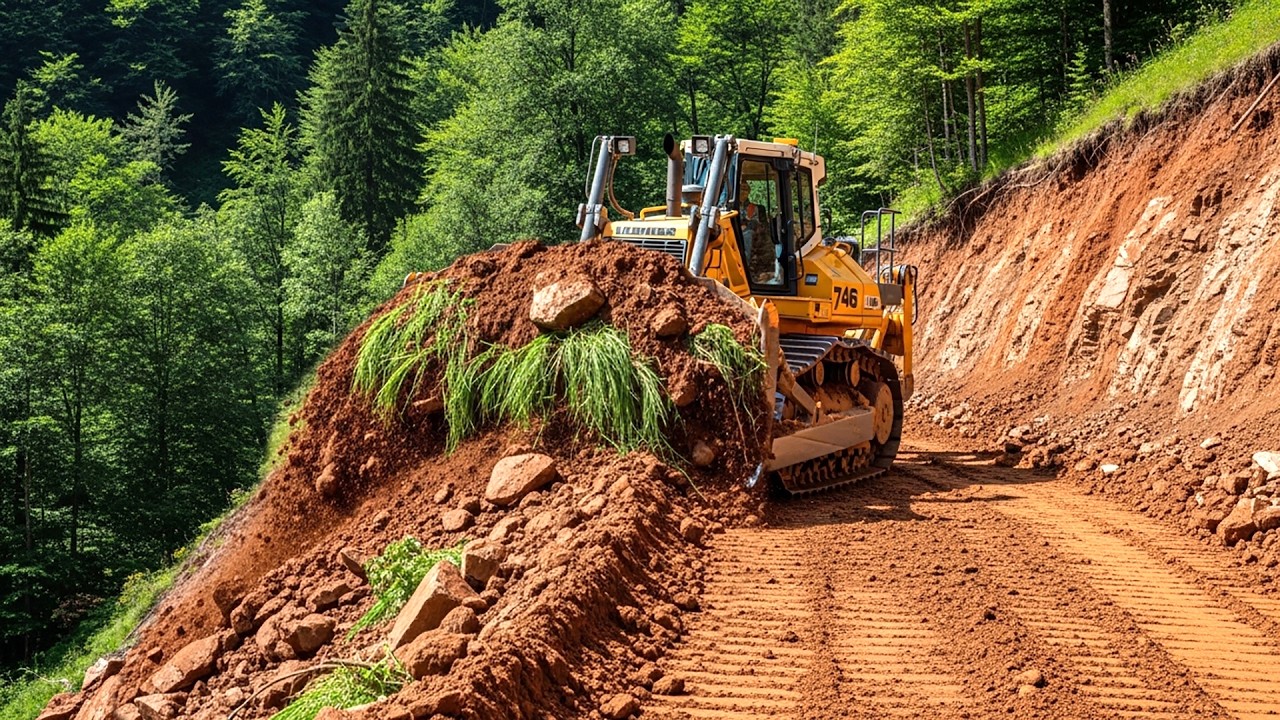 Wonderful Road Clearing Powerful Bulldozer Repair Road on Steep Mountain Highway Construction Zone