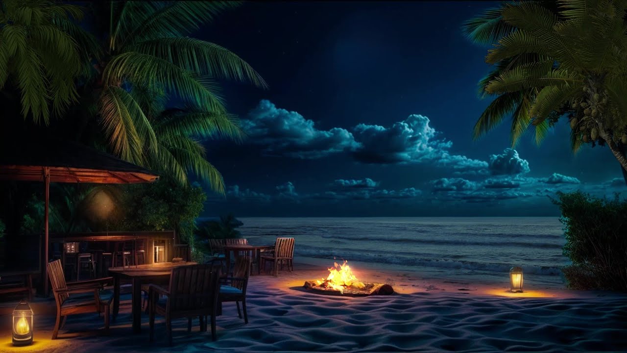 Night Beach Fire Pit Lounge 🔥🌴 | Soothing Ocean Sounds for Sleep & Anxiety Relief