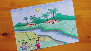 رسم موضوع ريفي || رسم موسم حصاد القمح || رسم نهر النيل شريان الحياه | رسم منظر طبيعي