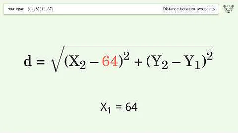 Find the distance between two points p1 (64,8) and p2 (12,37): Step-by-Step Video Solution