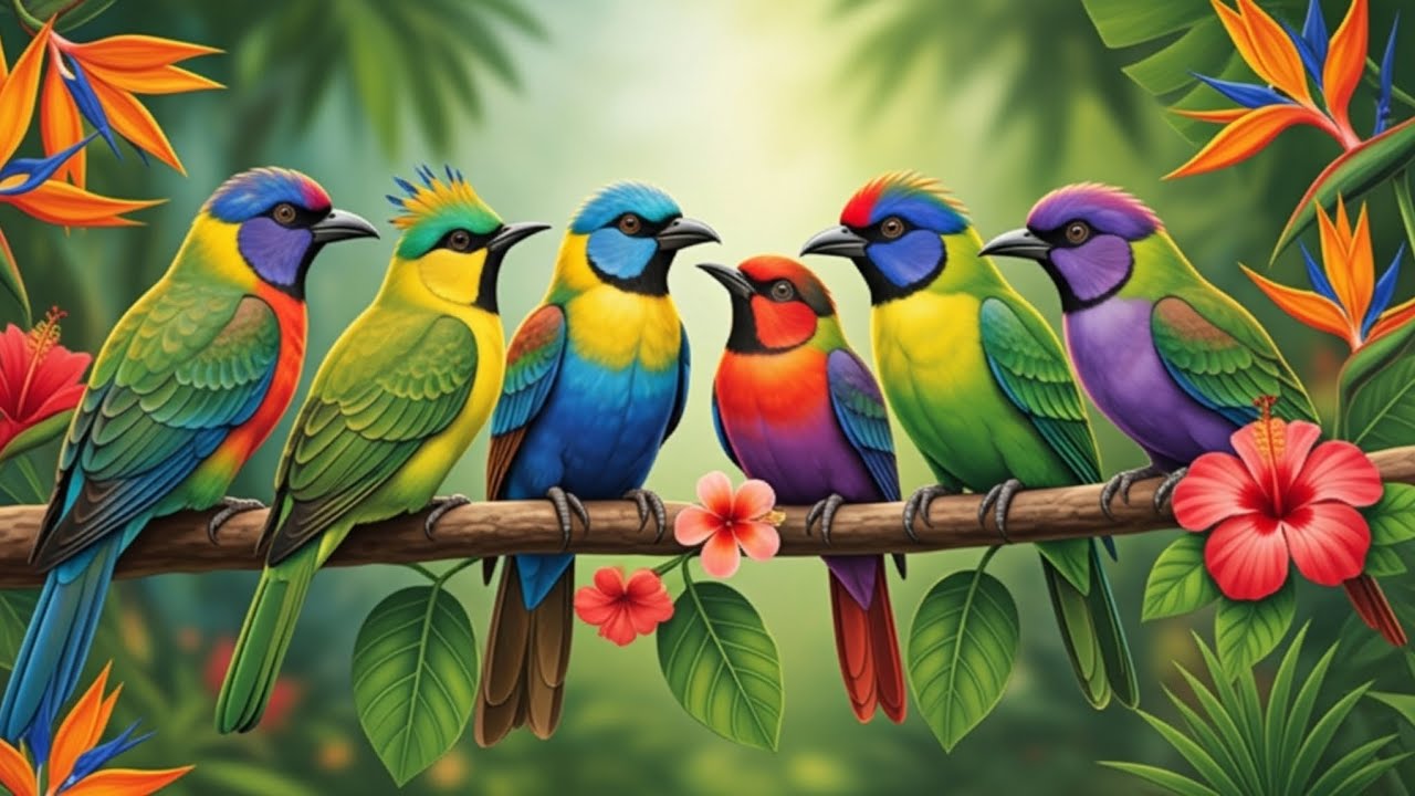 Vivid bird images of many species of birds perched on tree branches, surrounded by lush greenery 