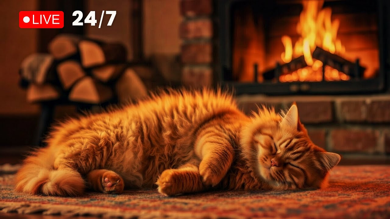 Sleeping Cat by Fireplace 24/7 😴 Crackling Fire & Healing Purring for Deep Sleep