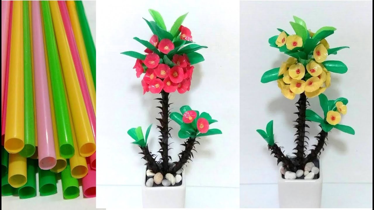 ดอกไม้จากหลอด ดอกโป๊ยเซียนจากหลอด by มายมิ้นท์ Crown of thorns plant flowers from straws.