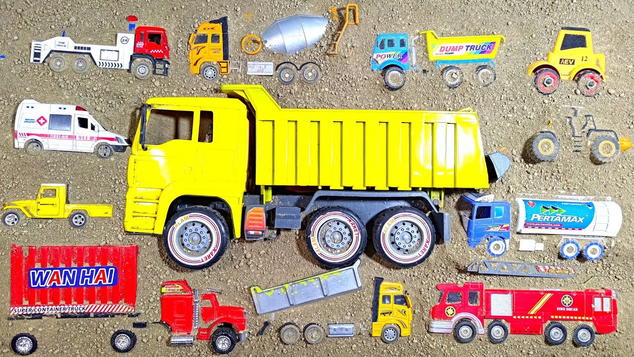 Ayo Temukan Mobil Mainan Terkubur Truk Besar Dump truk, truk pemadam kebakaran, truk pengaduk beton