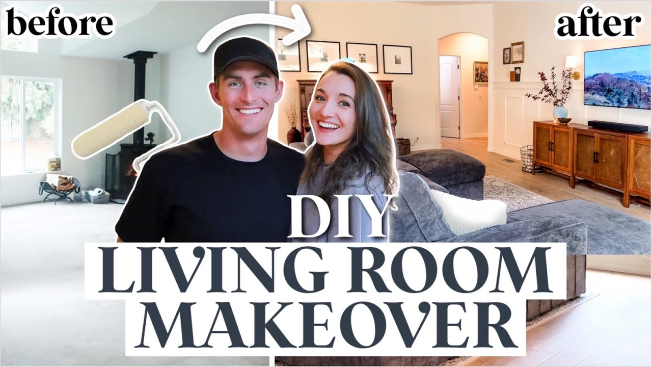 EXTREME DIY LIVING ROOM MAKEOVER! Boring 90s style to a cozy, custom ...