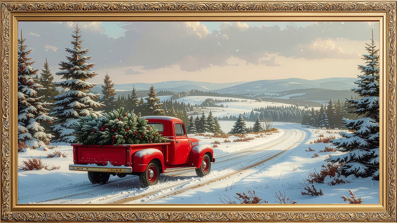 4K Framed TV Art: Winter Country Road & Red Truck | Peaceful Post-Christmas Ambience
