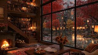 Soft Fall Jazz in Rainy Coffee Shop Ambience 🍁 Relaxing Bossa Nova Jazz & Fireplace Sounds for Study screenshot 3