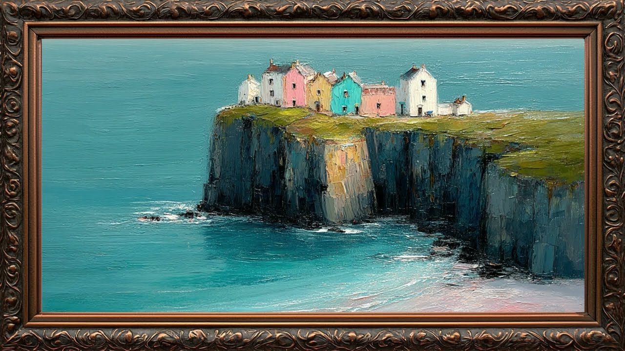 Frame Tv Art | A COASTAL VILLAGE AT CLIFF Frame TV art 4k | Golden Framed Art