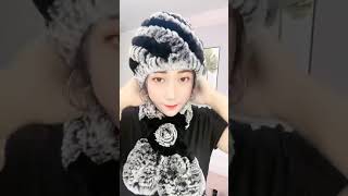 Natural Rex Rabbit Fur Knitted Hat Scarf Set