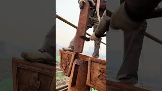 Chinese Traditional Wooden Building Carpenter Operating Giant Mortise And Tenon Joints